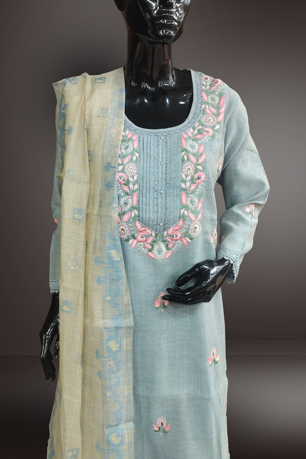 Light Blue Cotton Embroidered and Lace Work Salwar Kameez