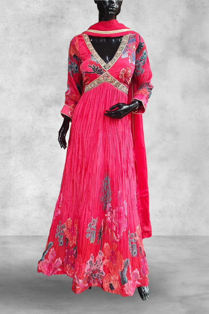 Semi Crepe Aaliya Cut Printed with Mirror and Beads Work Anarkali Suit