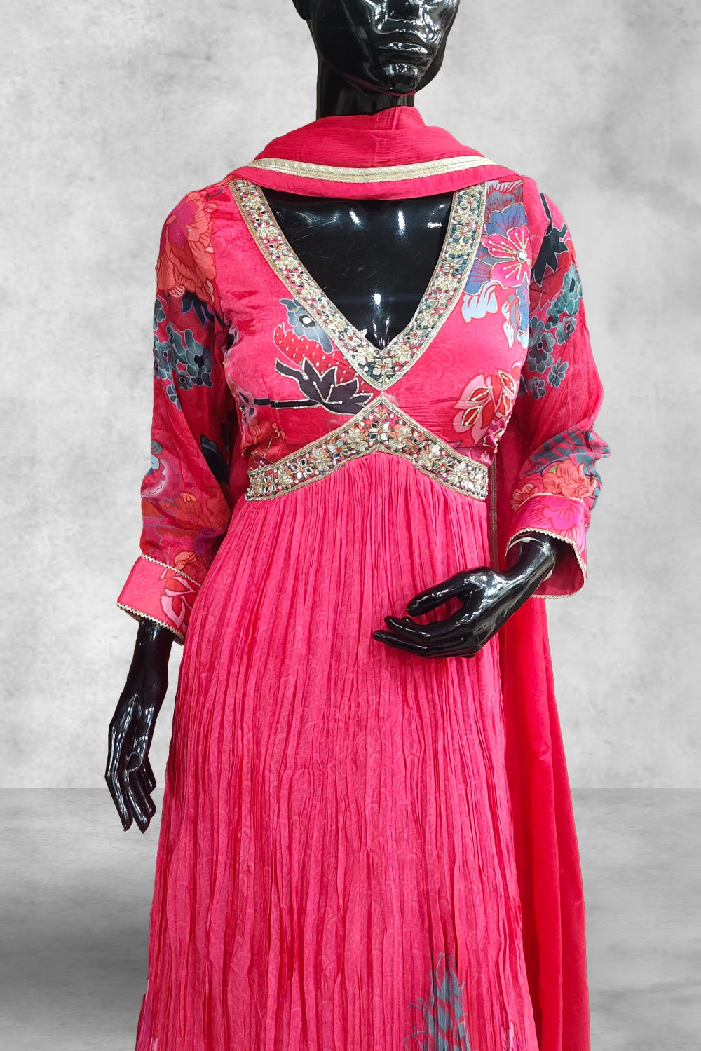 Semi Crepe Aaliya Cut Printed with Mirror and Beads Work Anarkali Suit