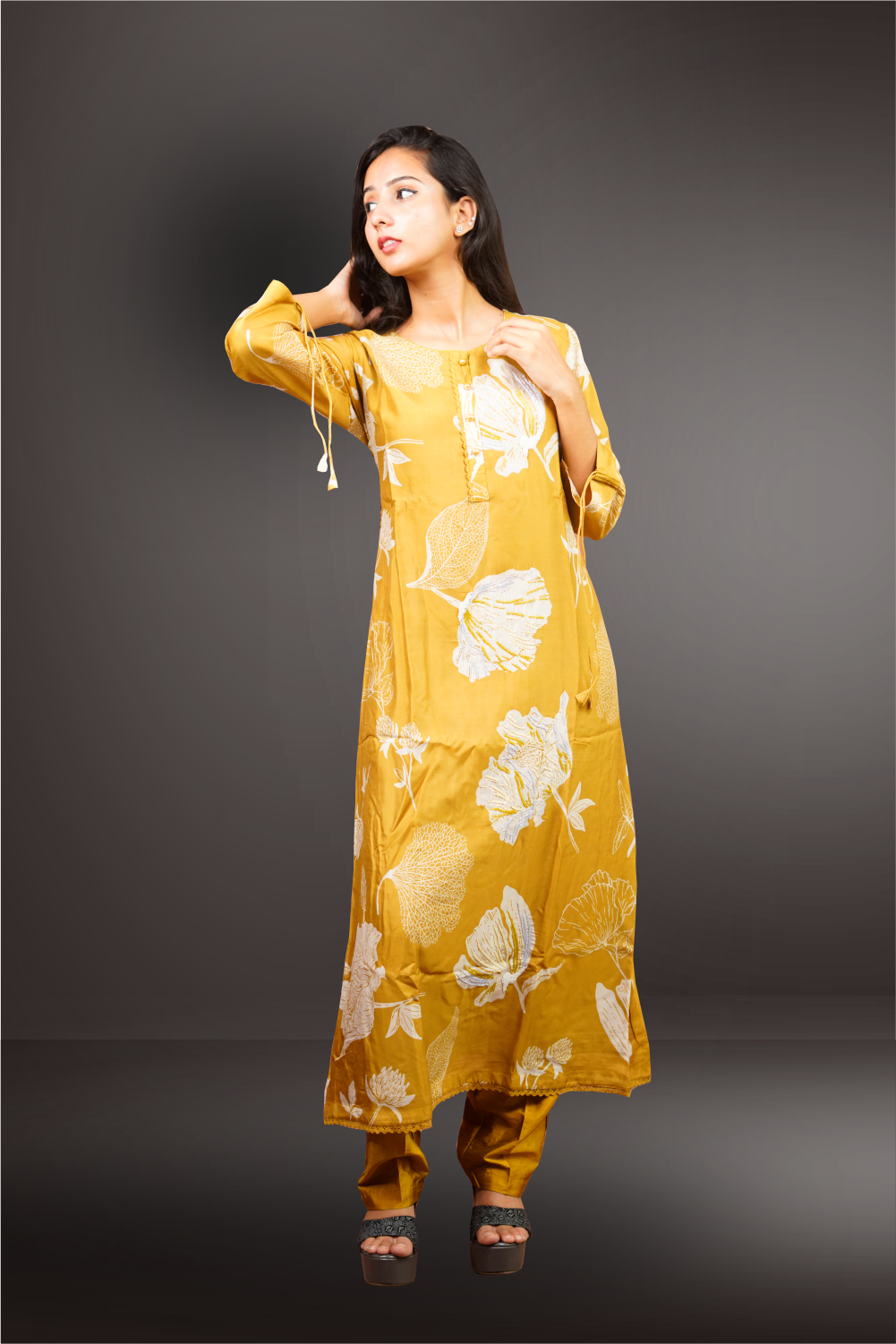 Light Mustard Russian Silk Floral Printed Salwar Kameez