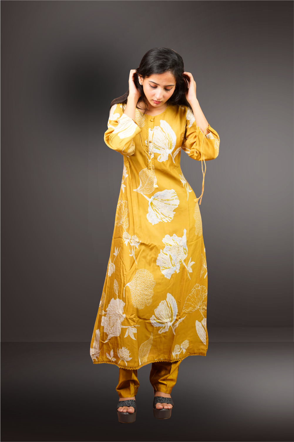 Light Mustard Russian Silk Floral Printed Salwar Kameez