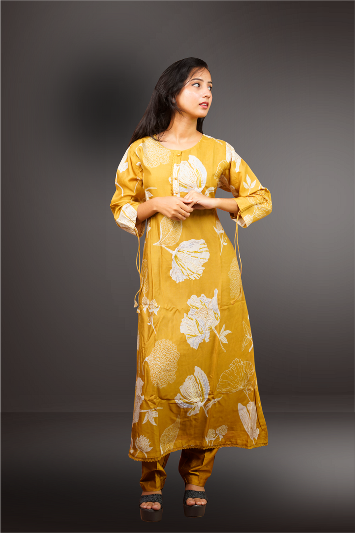 Light Mustard Russian Silk Floral Printed Salwar Kameez