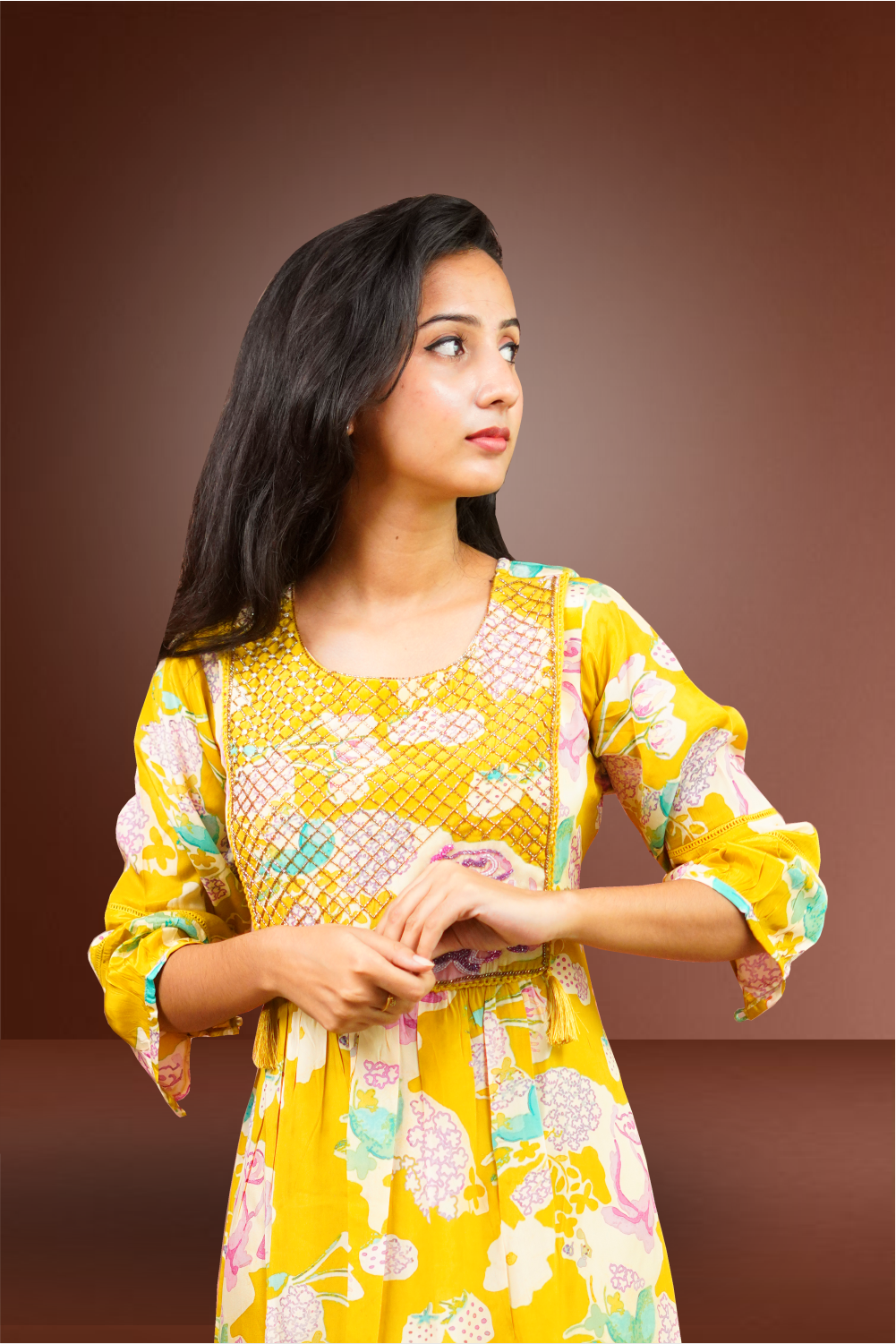 Mustard Yellow Premium Russian Silk Sequins Embroidery Kurtie