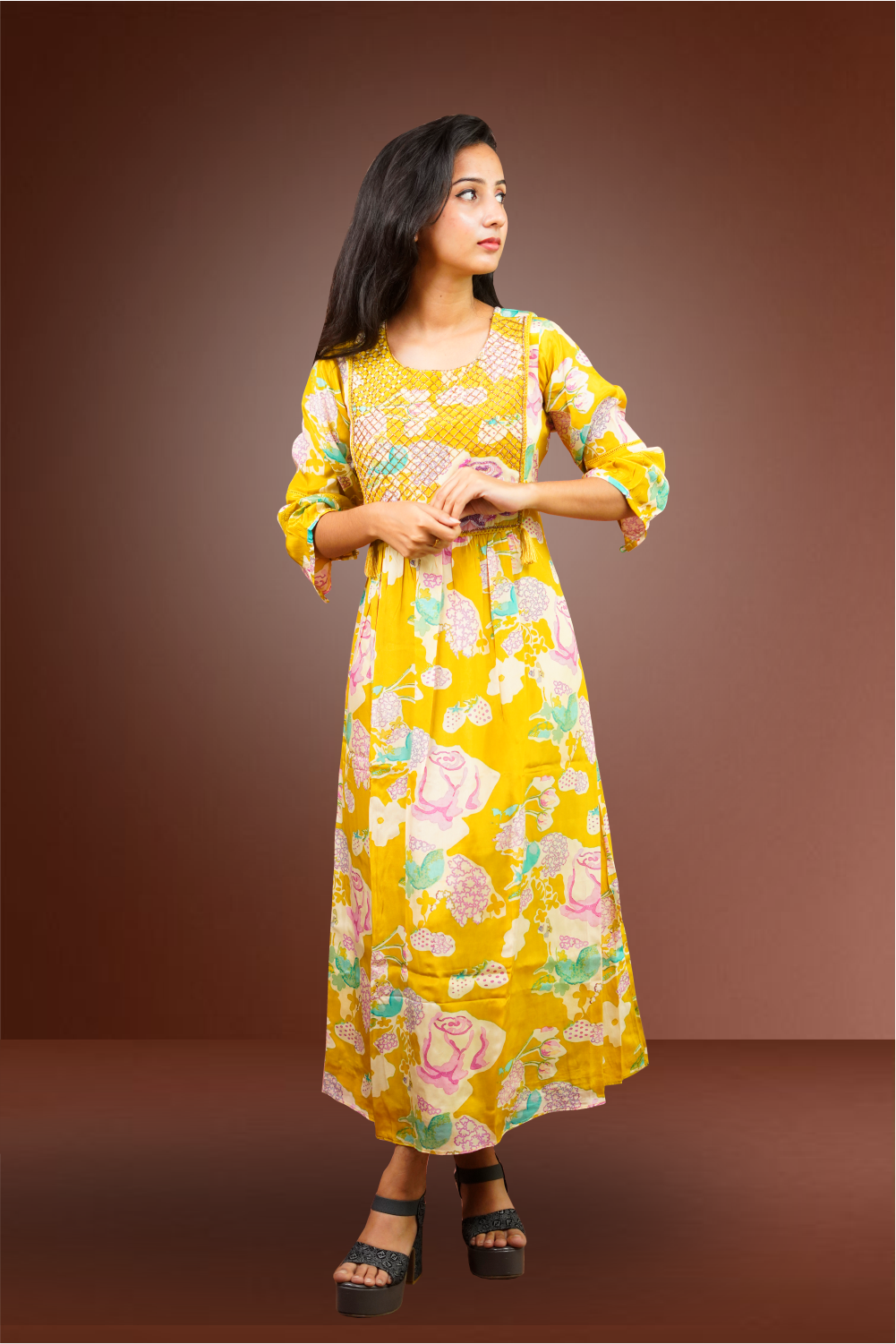 Mustard Yellow Premium Russian Silk Sequins Embroidery Kurtie