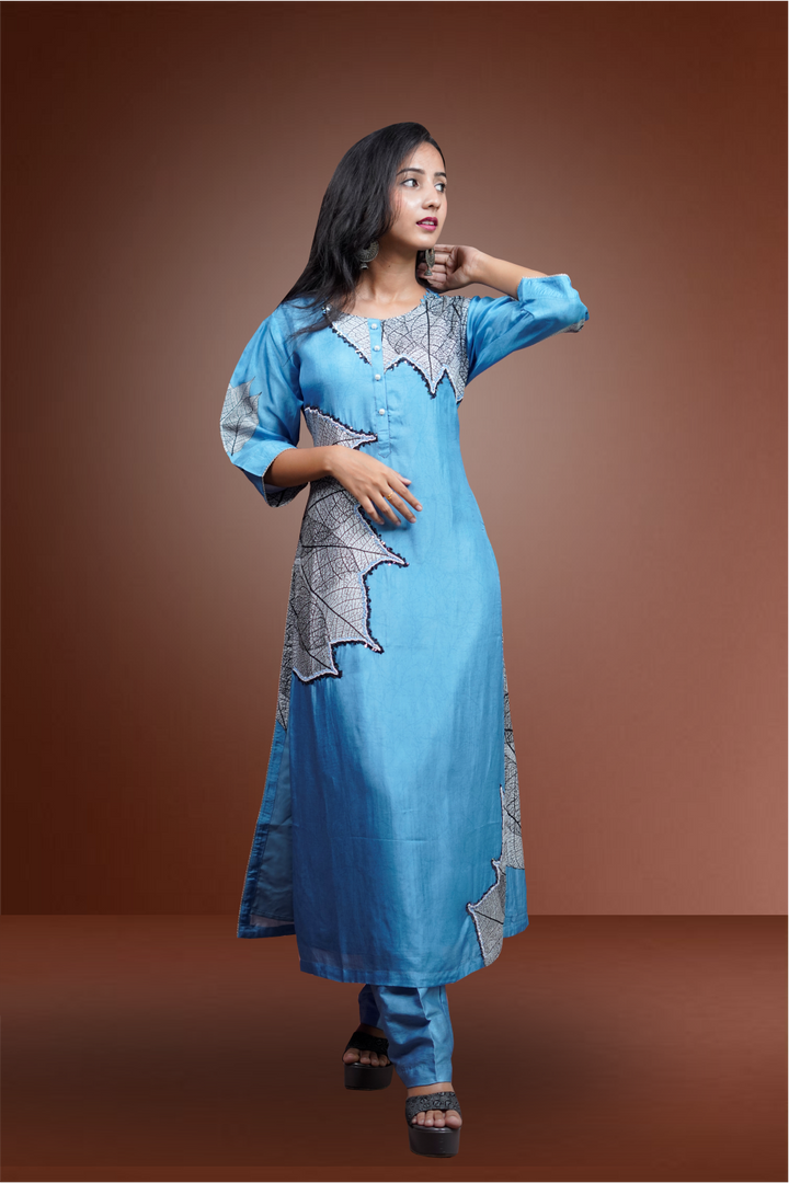 Aqua Marine Color Muslin Silk Embroidery Printed Salwar Kameez