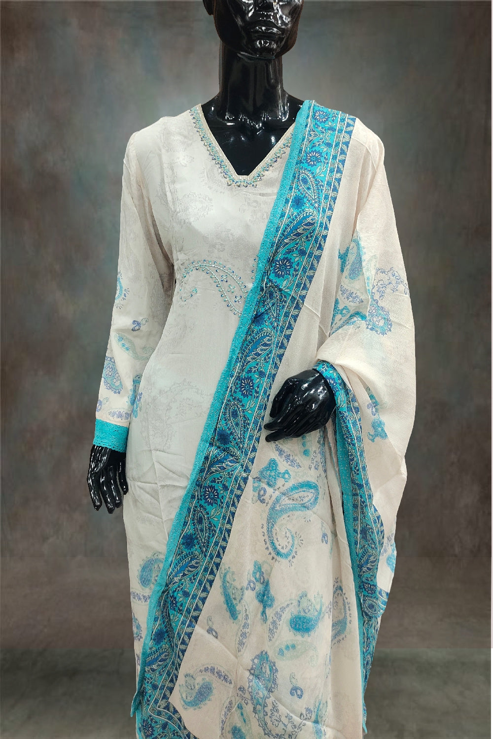Semi Silk Printed with Beads Work Salwar Kameez