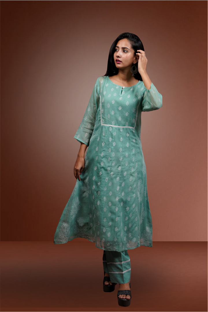 Aqua Green Kota Cotton Straight Cut Salwar Kameez