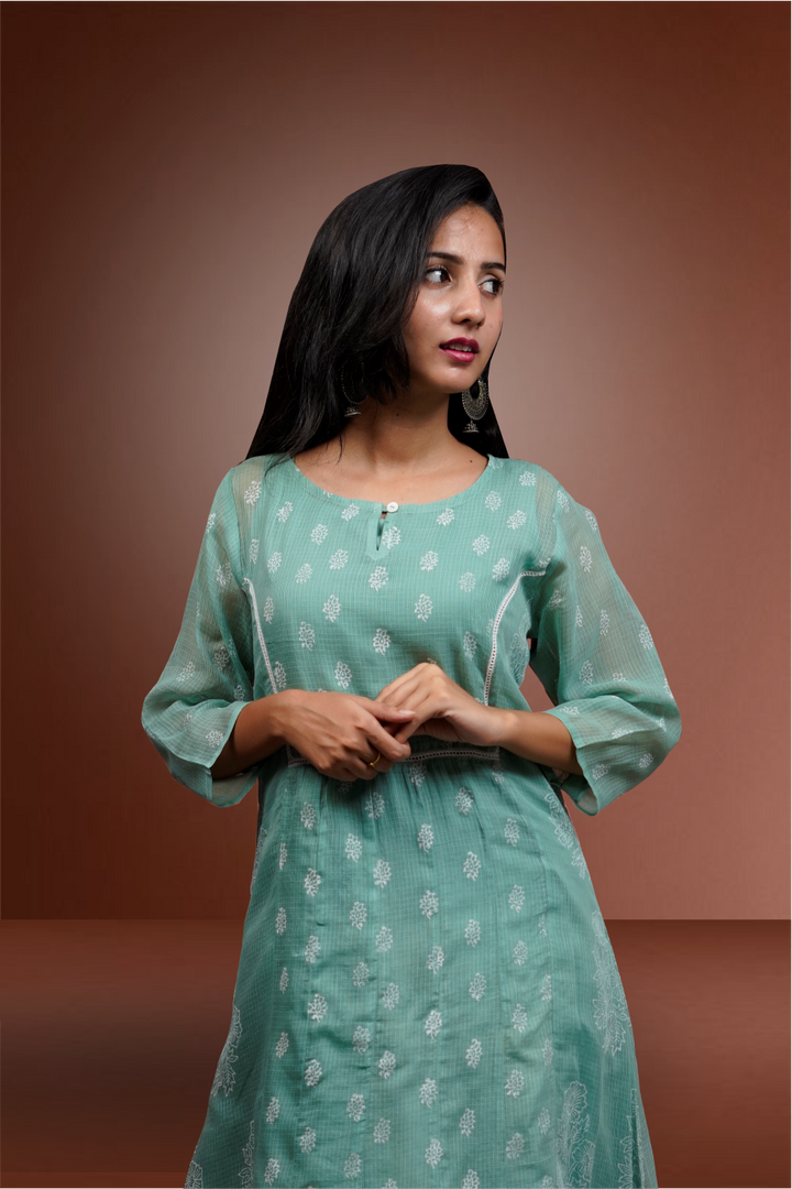 Aqua Green Kota Cotton Straight Cut Salwar Kameez