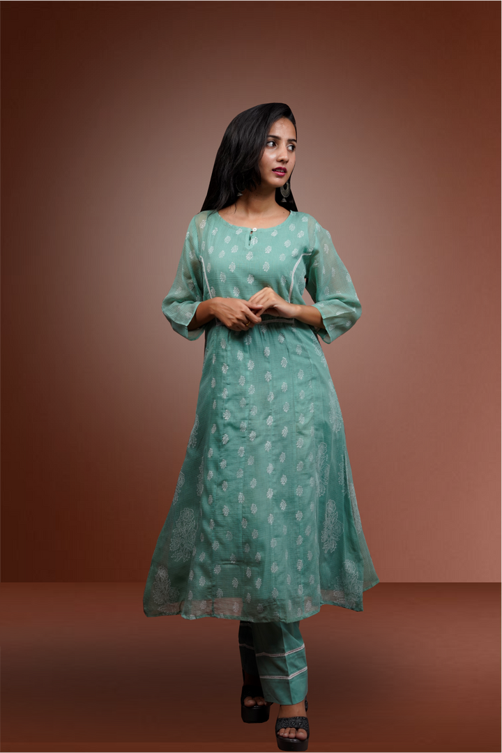 Aqua Green Kota Cotton Straight Cut Salwar Kameez