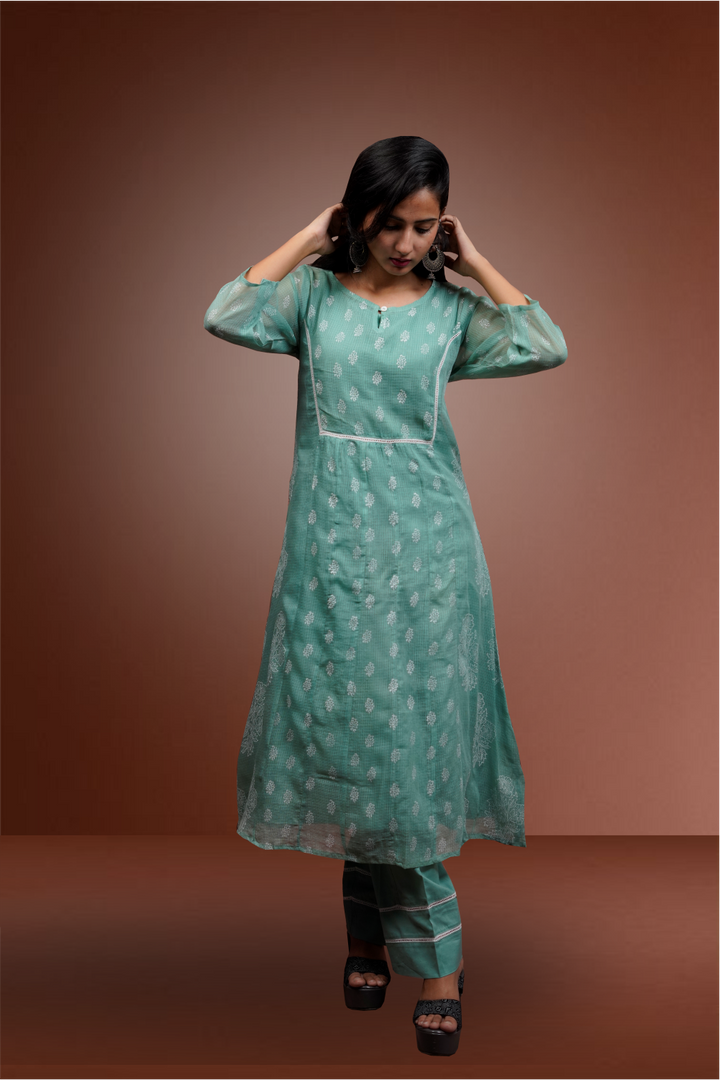 Aqua Green Kota Cotton Straight Cut Salwar Kameez