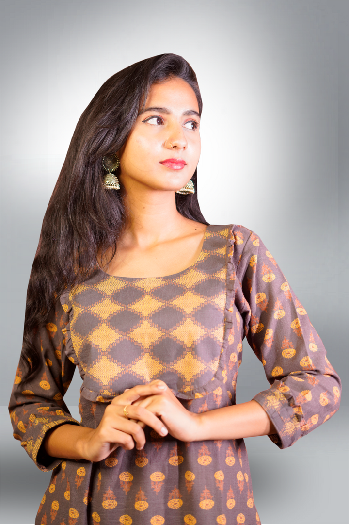 Brown Color Cotton Block Printed Kurtie