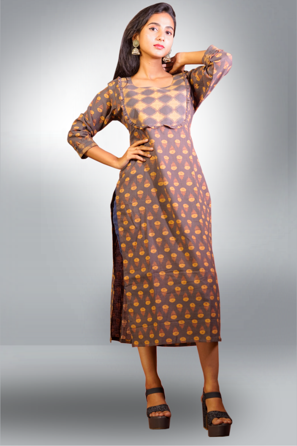 Brown Color Cotton Block Printed Kurtie