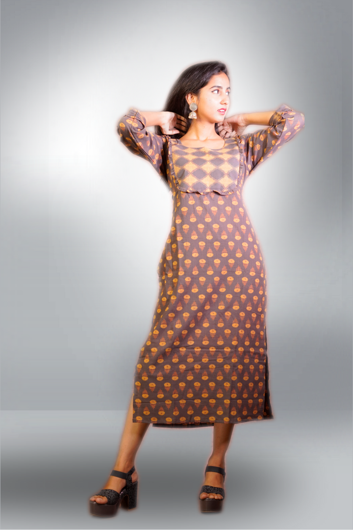 Brown Color Cotton Block Printed Kurtie