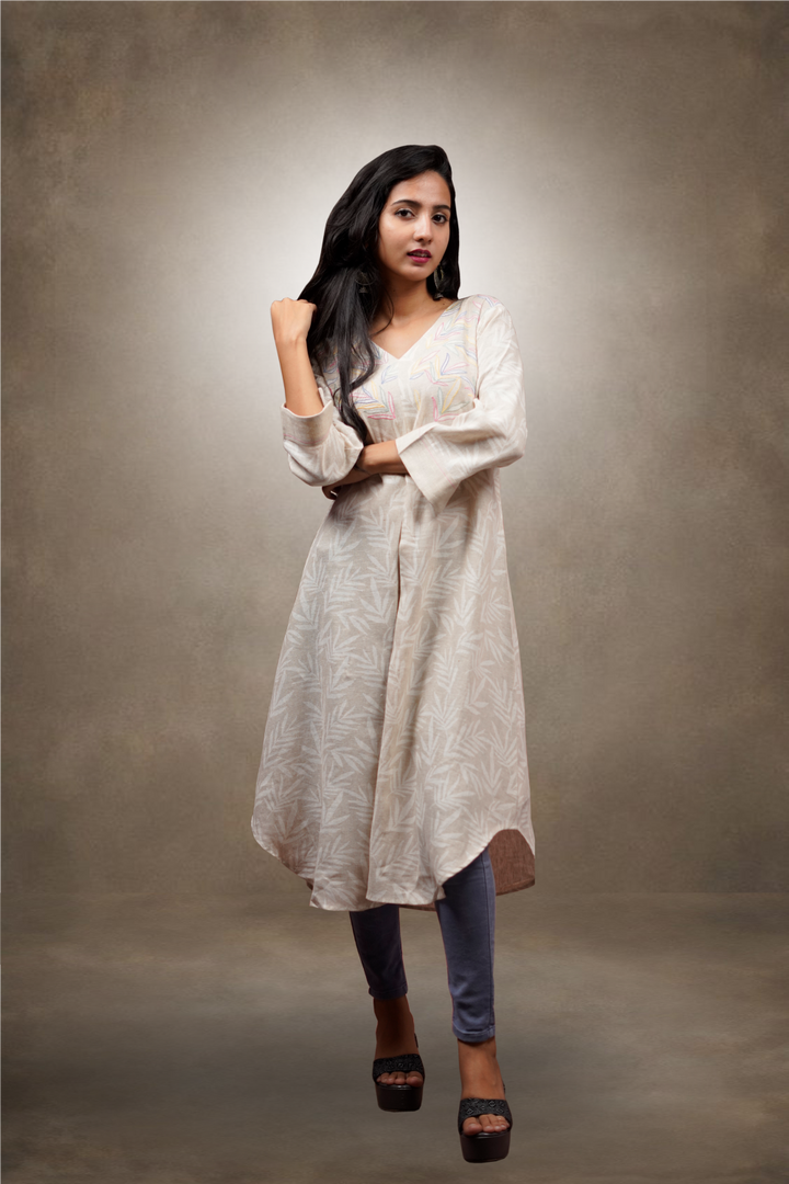 Off White Color A-Line Typed Linen Kurtie