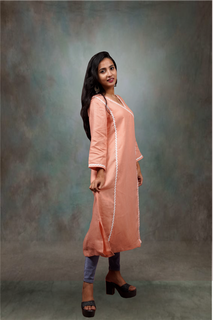 Coral Orange Color Pure Linen  A-Line Cut Kurtie