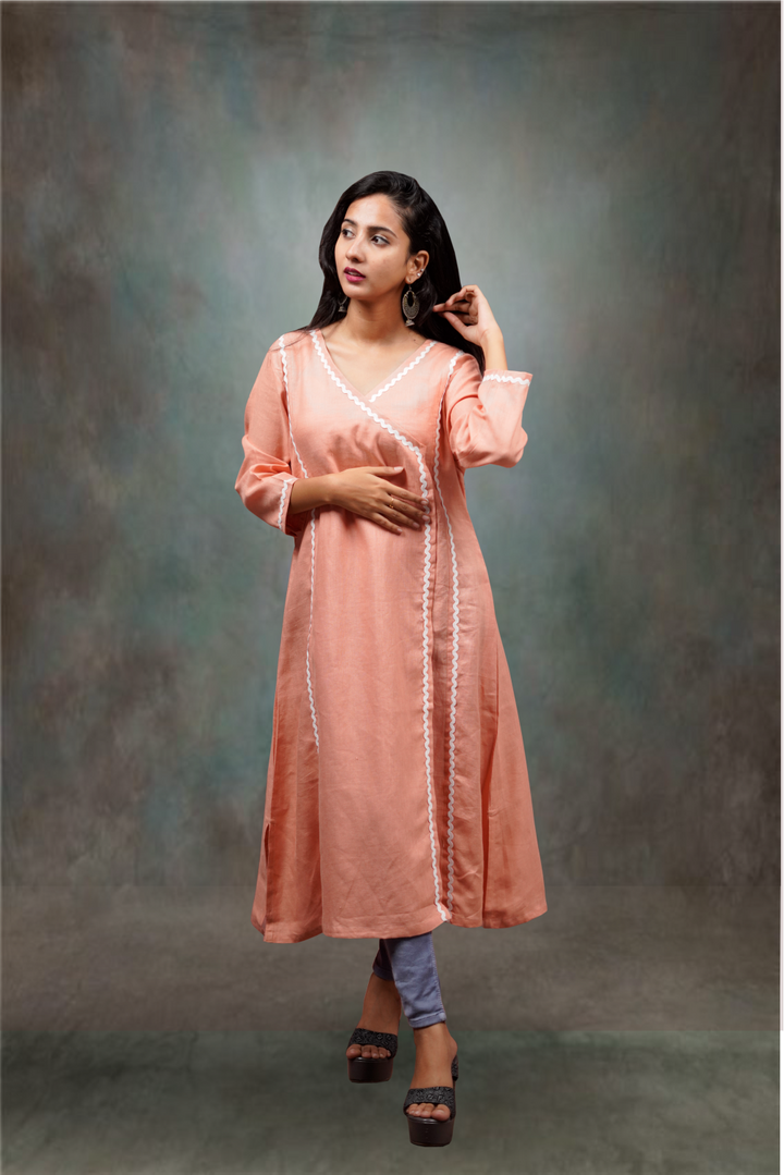 Coral Orange Color Pure Linen  A-Line Cut Kurtie