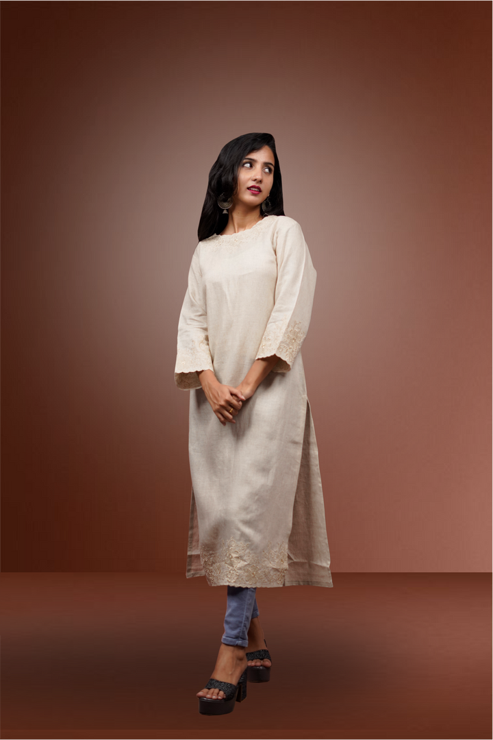 Beige Color Linen Embroidered Straight Cut Kurtie