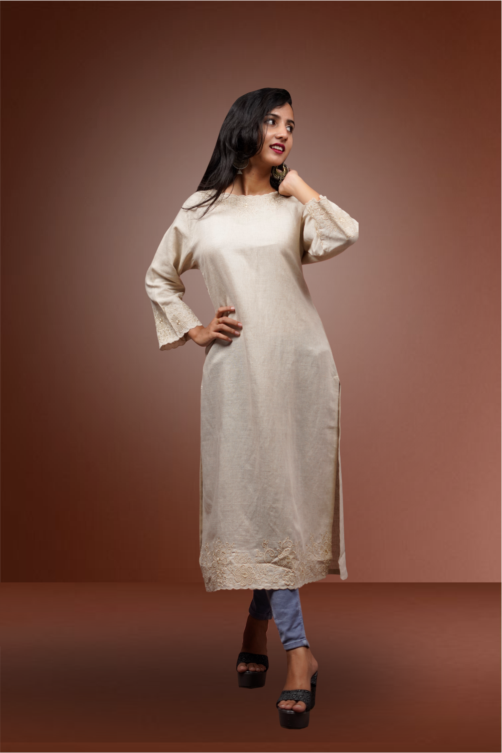 Beige Color Linen Embroidered Straight Cut Kurtie