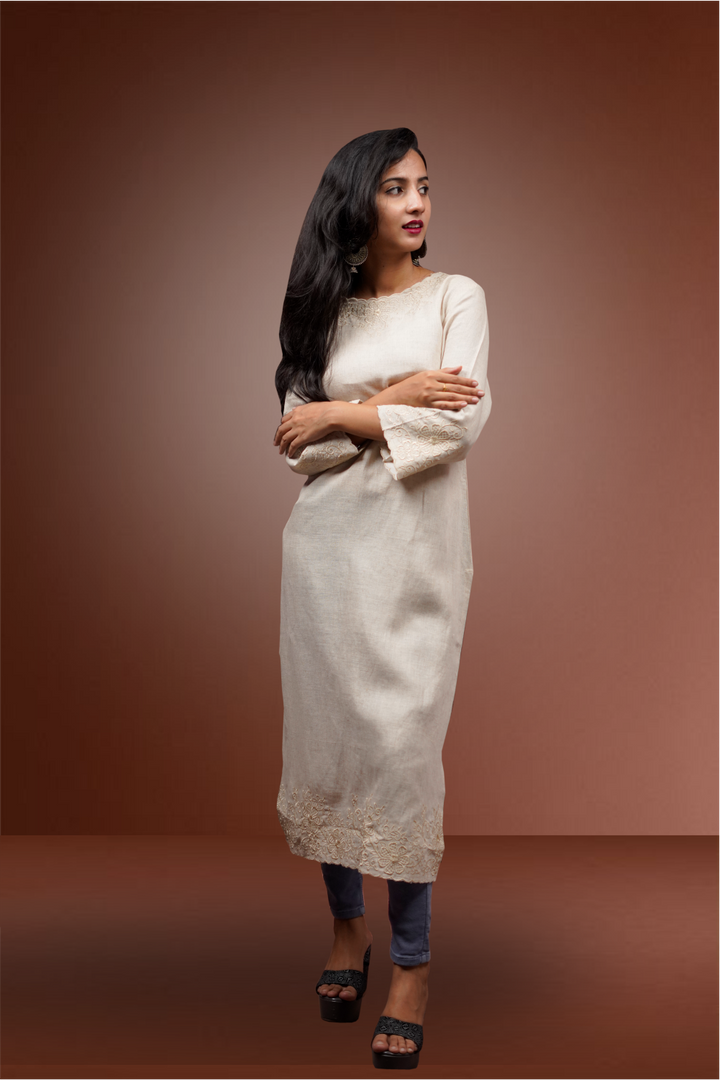 Beige Color Linen Embroidered Straight Cut Kurtie