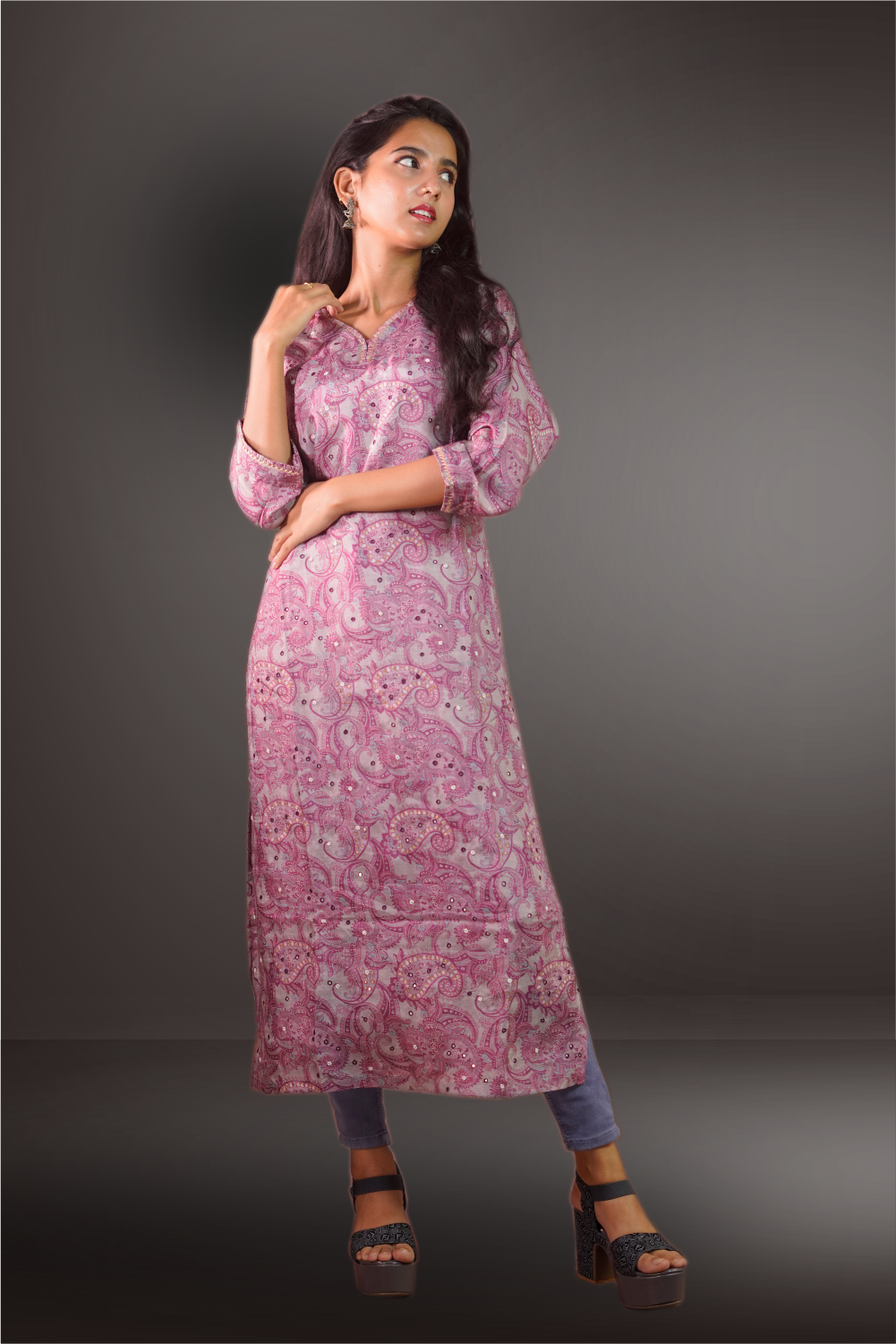 Onion Pink Color Pure Chanderi Floral Printed Kurtie