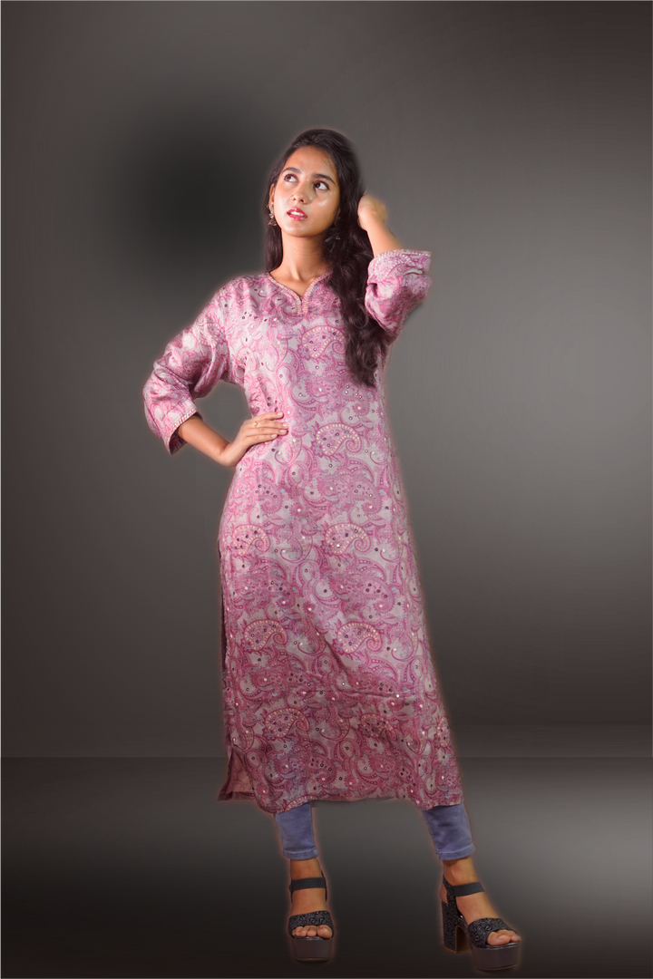 Onion Pink Color Pure Chanderi Floral Printed Kurtie