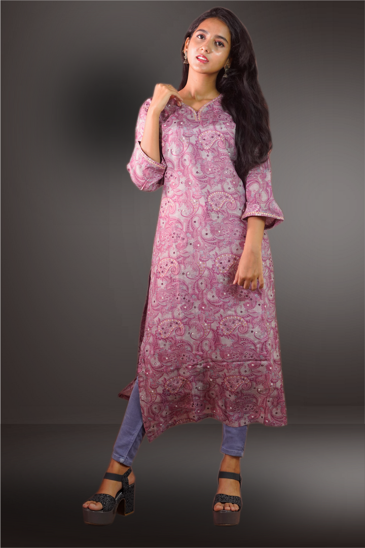 Onion Pink Color Pure Chanderi Floral Printed Kurtie