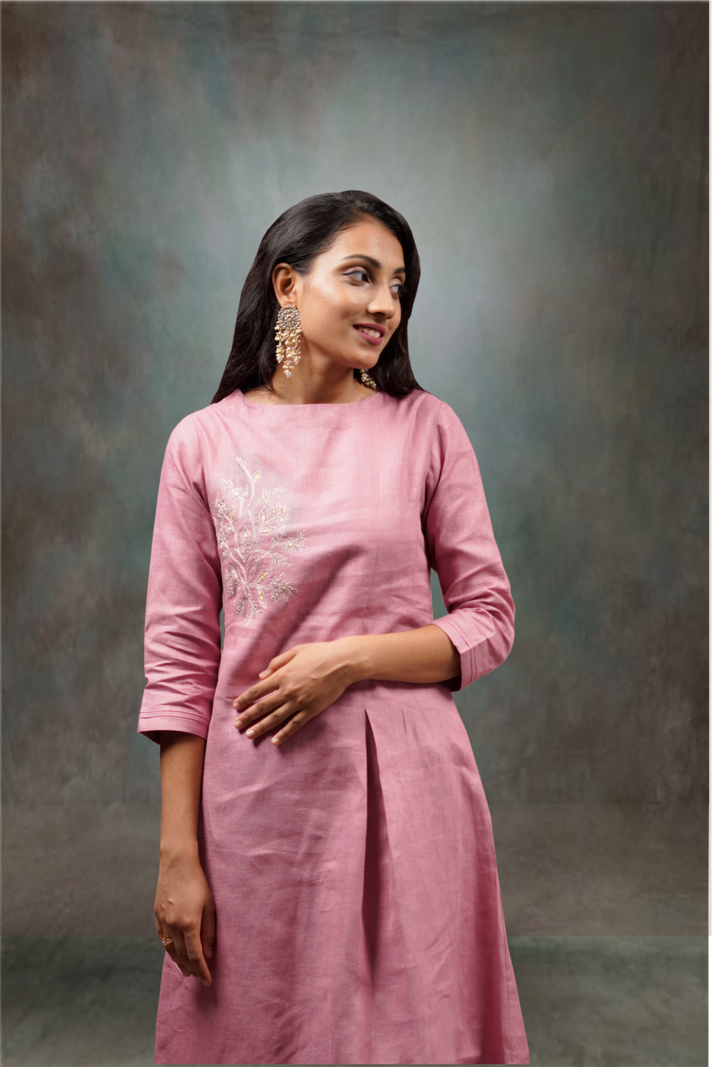 Salmon Pink Color Linen A-Line Cut Kurtie