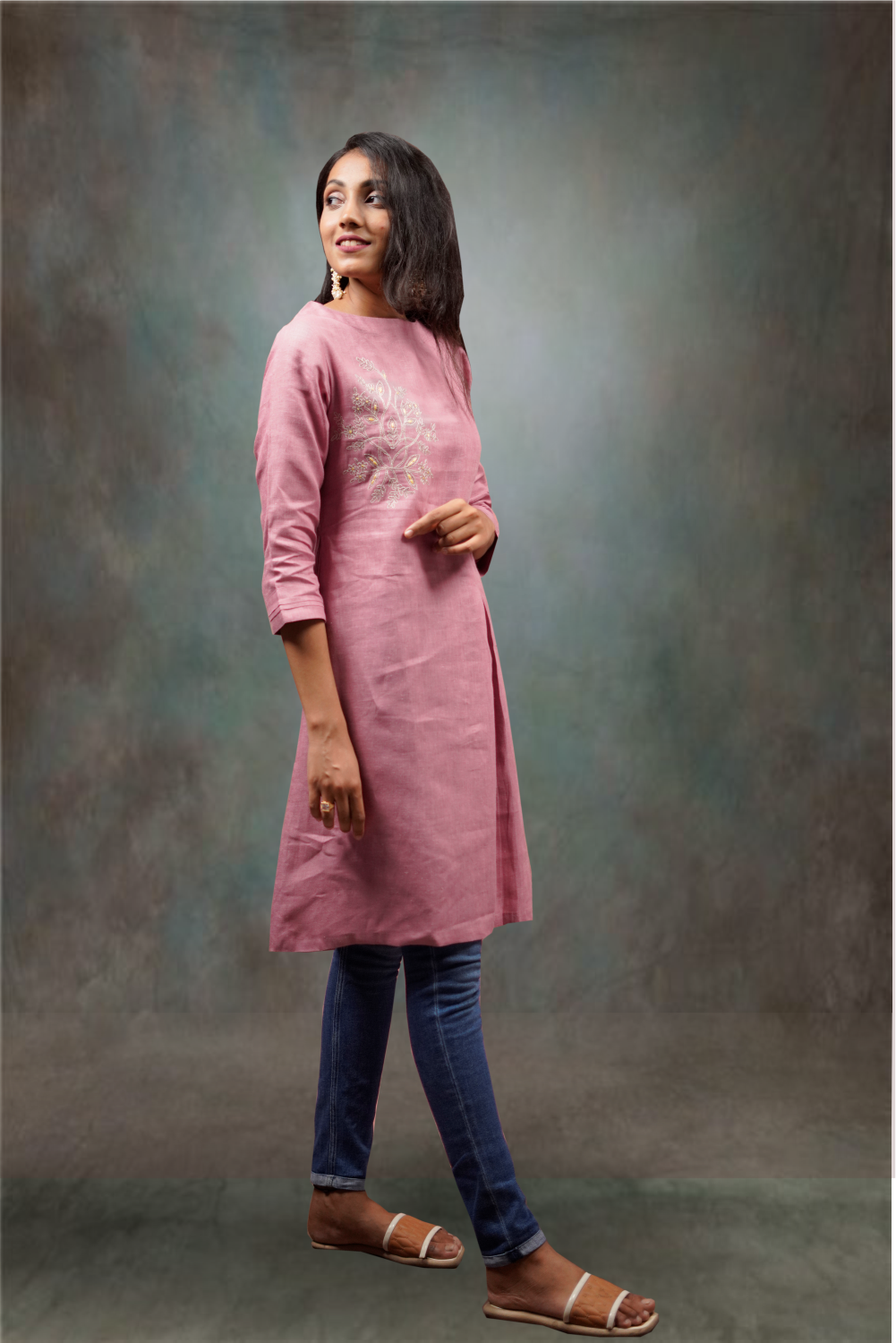 Salmon Pink Color Linen A-Line Cut Kurtie