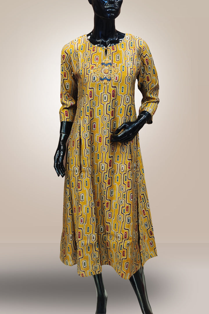 Semi Crepe Mustard Yellow Color Printed Kurti