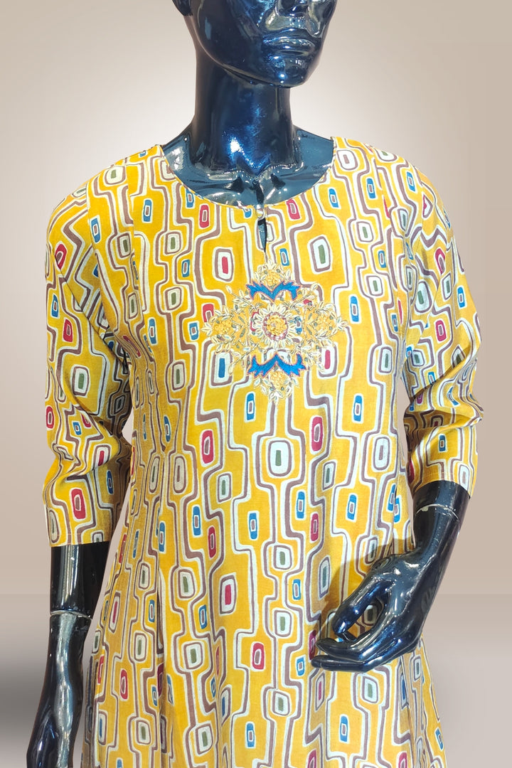 Semi Crepe Mustard Yellow Color Printed Kurti