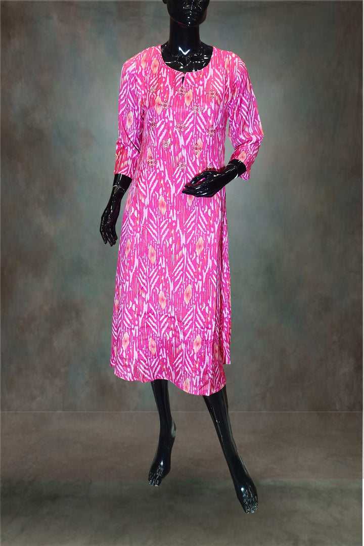 Semi Crepe Embroidered Pink Kurti