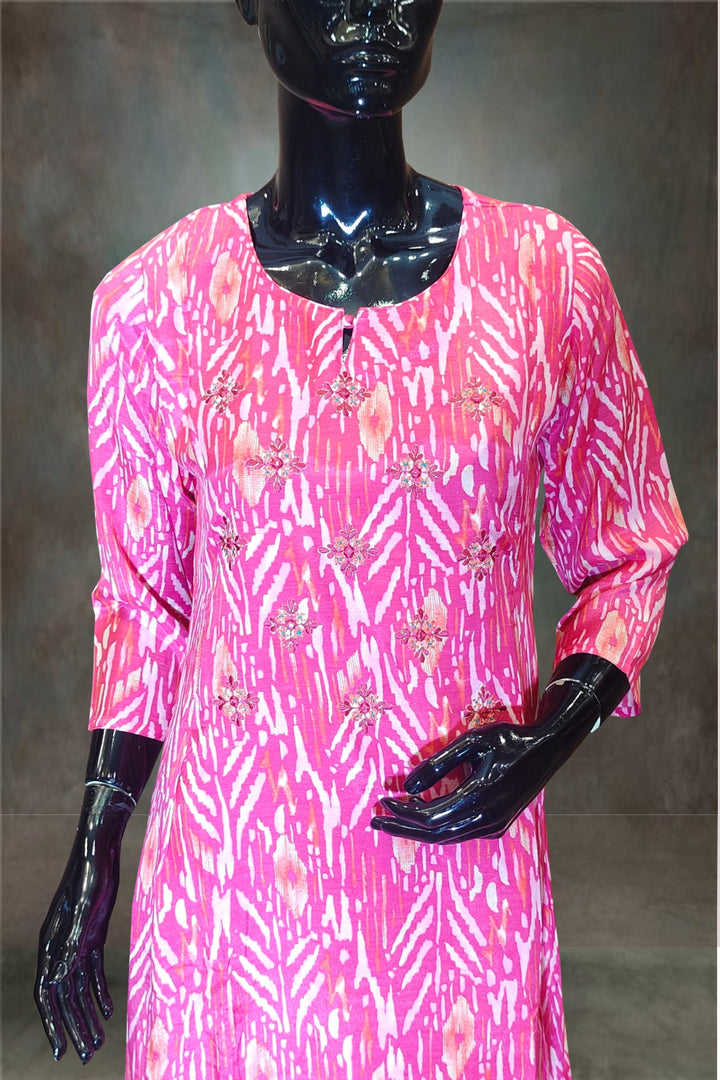 Semi Crepe Embroidered Pink Kurti