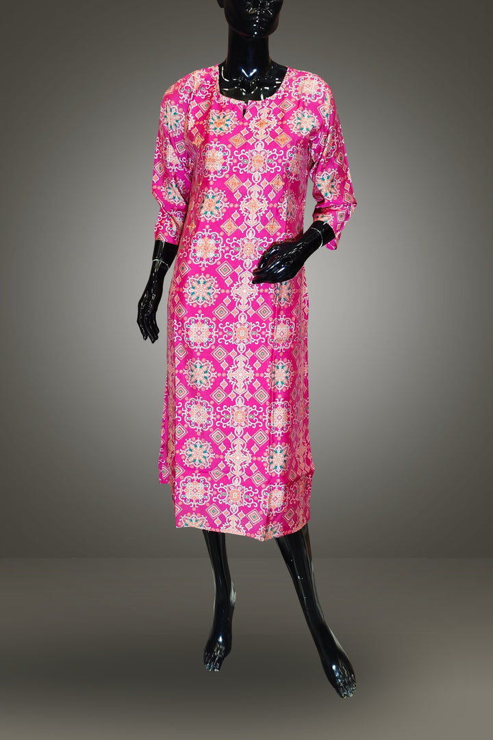 Digital Printed with Thread Embroidered Pink Kurti