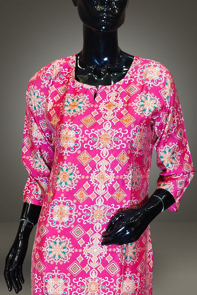 Digital Printed with Thread Embroidered Pink Kurti