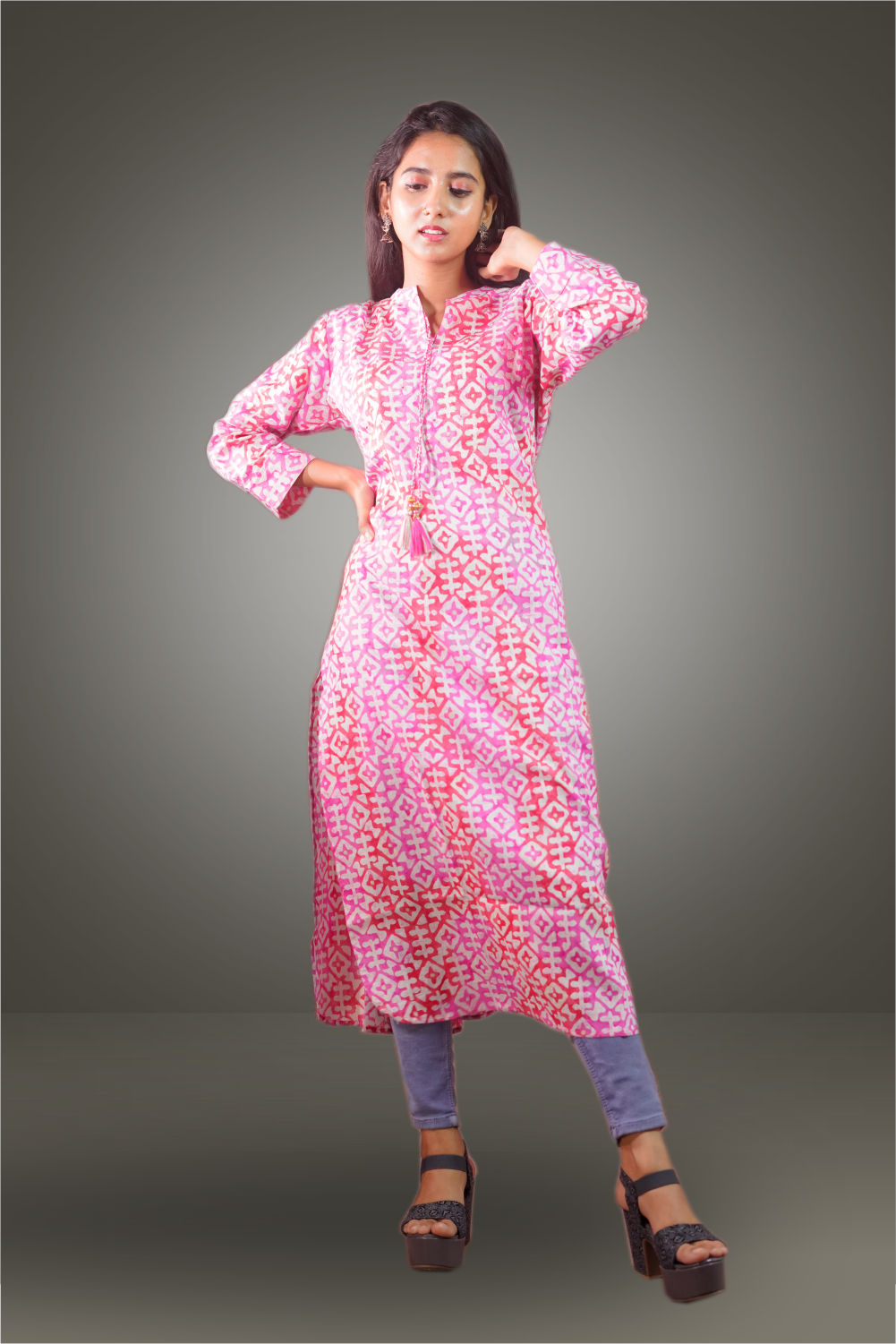 Pink Color Cotton Batik Printed Thread Worked Kurtie