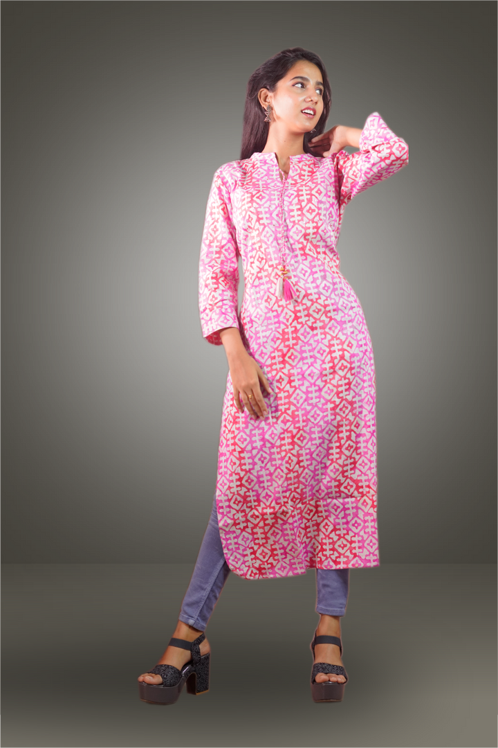 Pink Color Cotton Batik Printed Thread Worked Kurtie