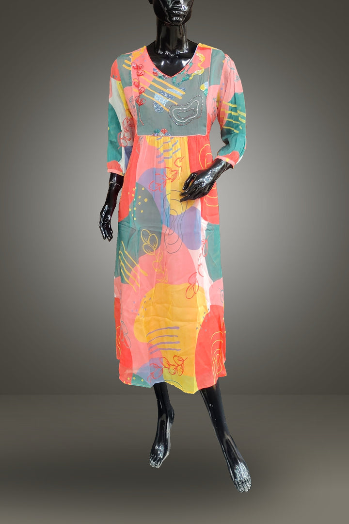 Multicolor Organza Printed with Beads Work Kurti
