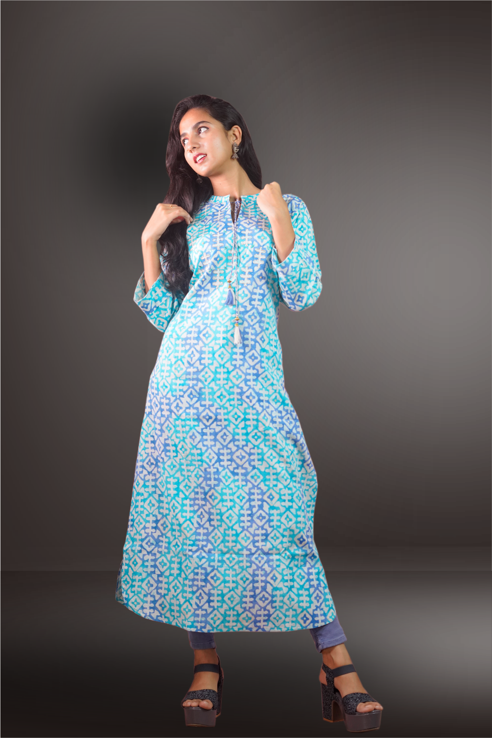 Blue Color Cotton Batik Printed Thread Worked Kurtie