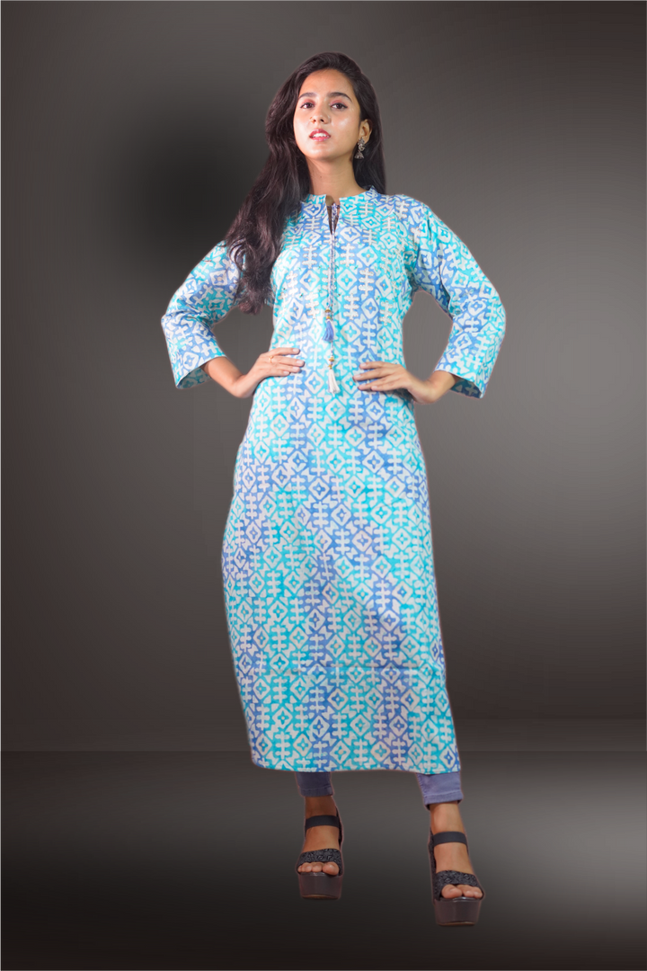 Blue Color Cotton Batik Printed Thread Worked Kurtie