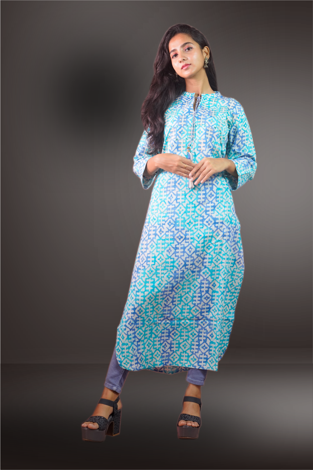 Blue Color Cotton Batik Printed Thread Worked Kurtie