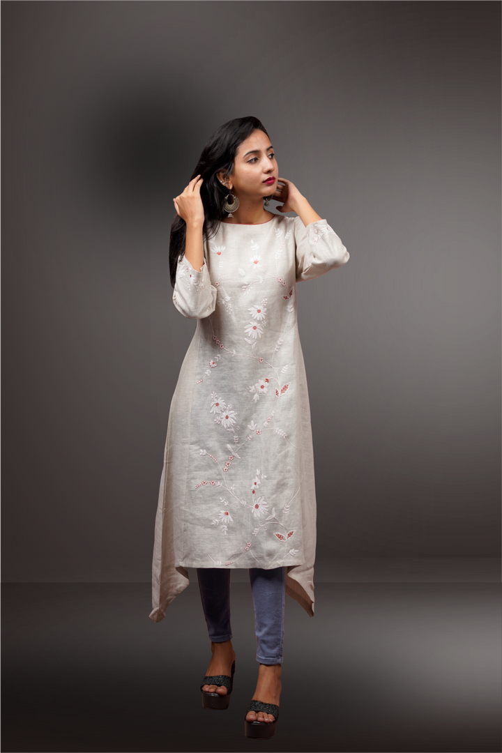 Beige Color Linen Fish Cut Floral Embroidery Kurtie