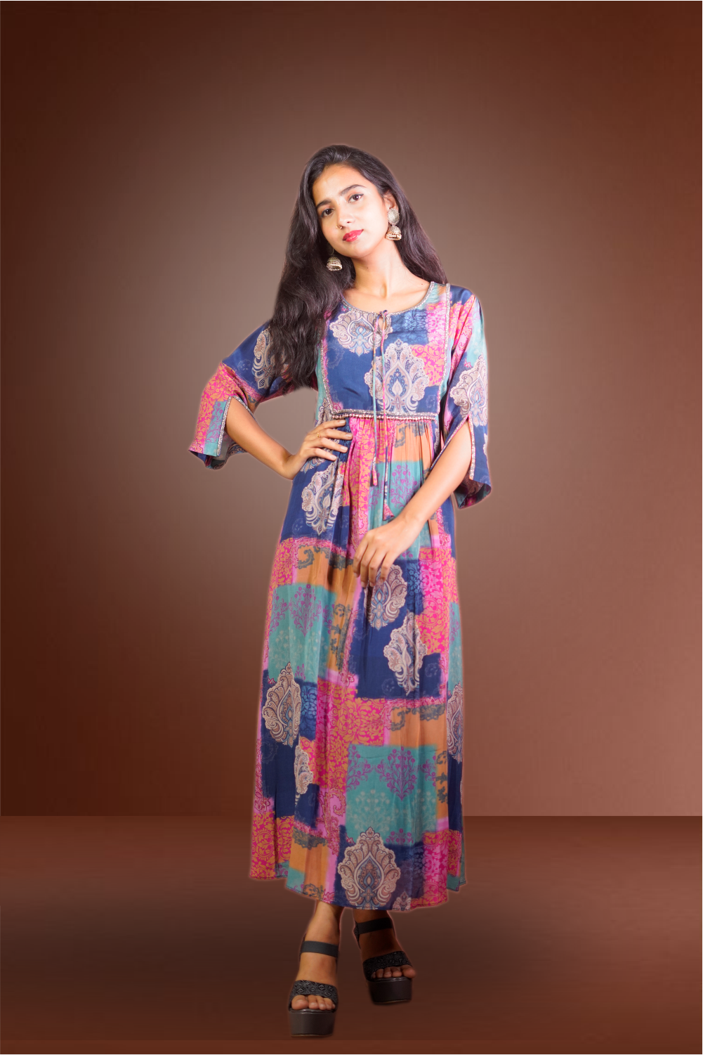 Multicolor Pure Silk Multi Printed ContomPorary Midi Dress