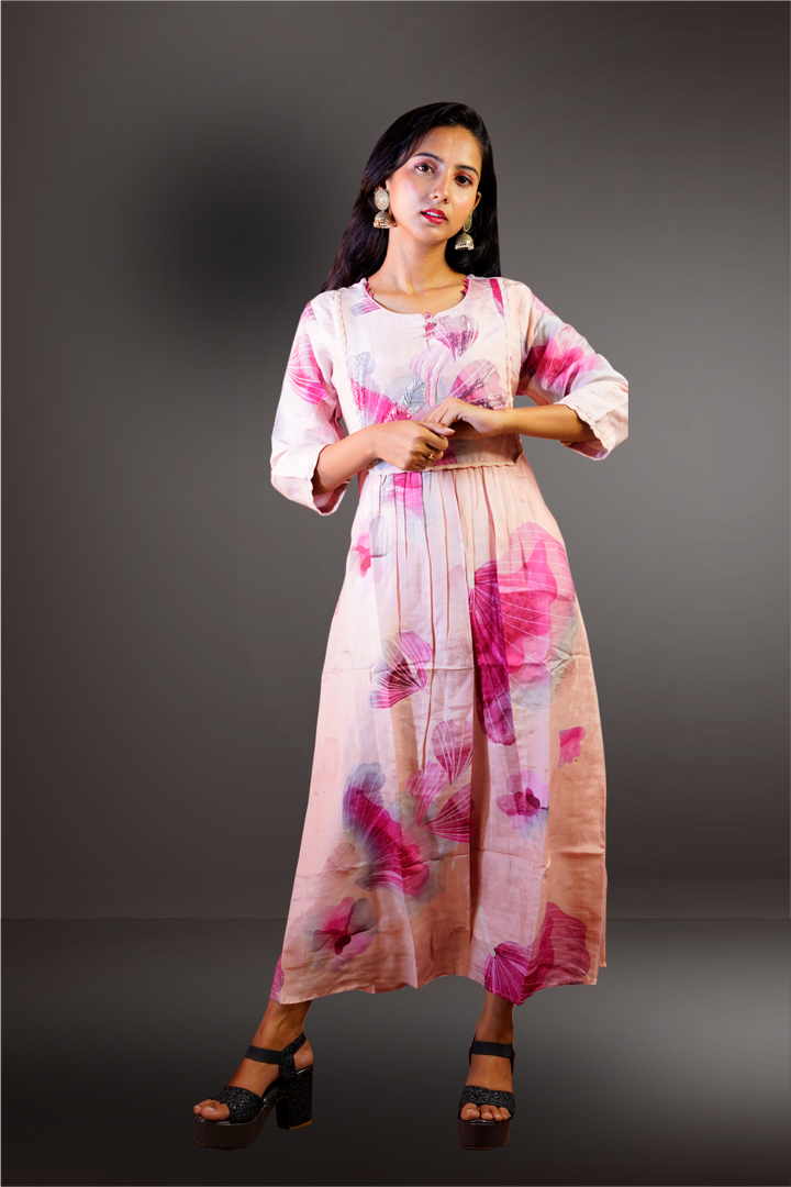 Peach Color Silk Printed Beads Work Gown