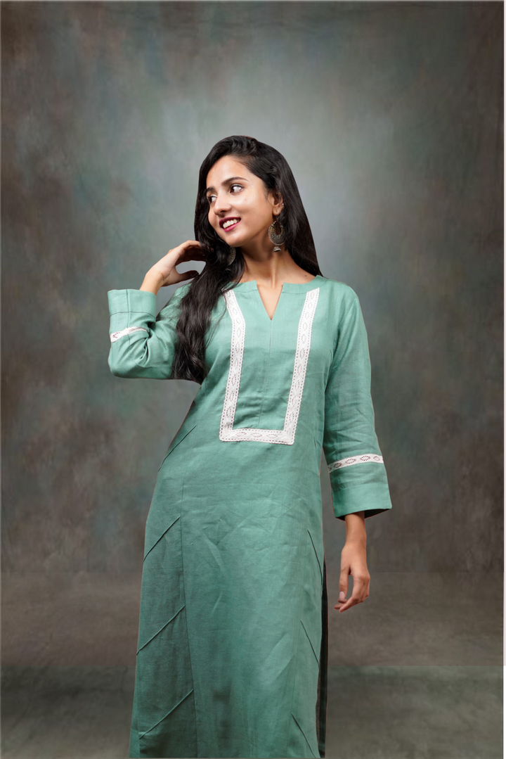 Green Linen Thread Lace Embroidered Straight Cut  Kurtie