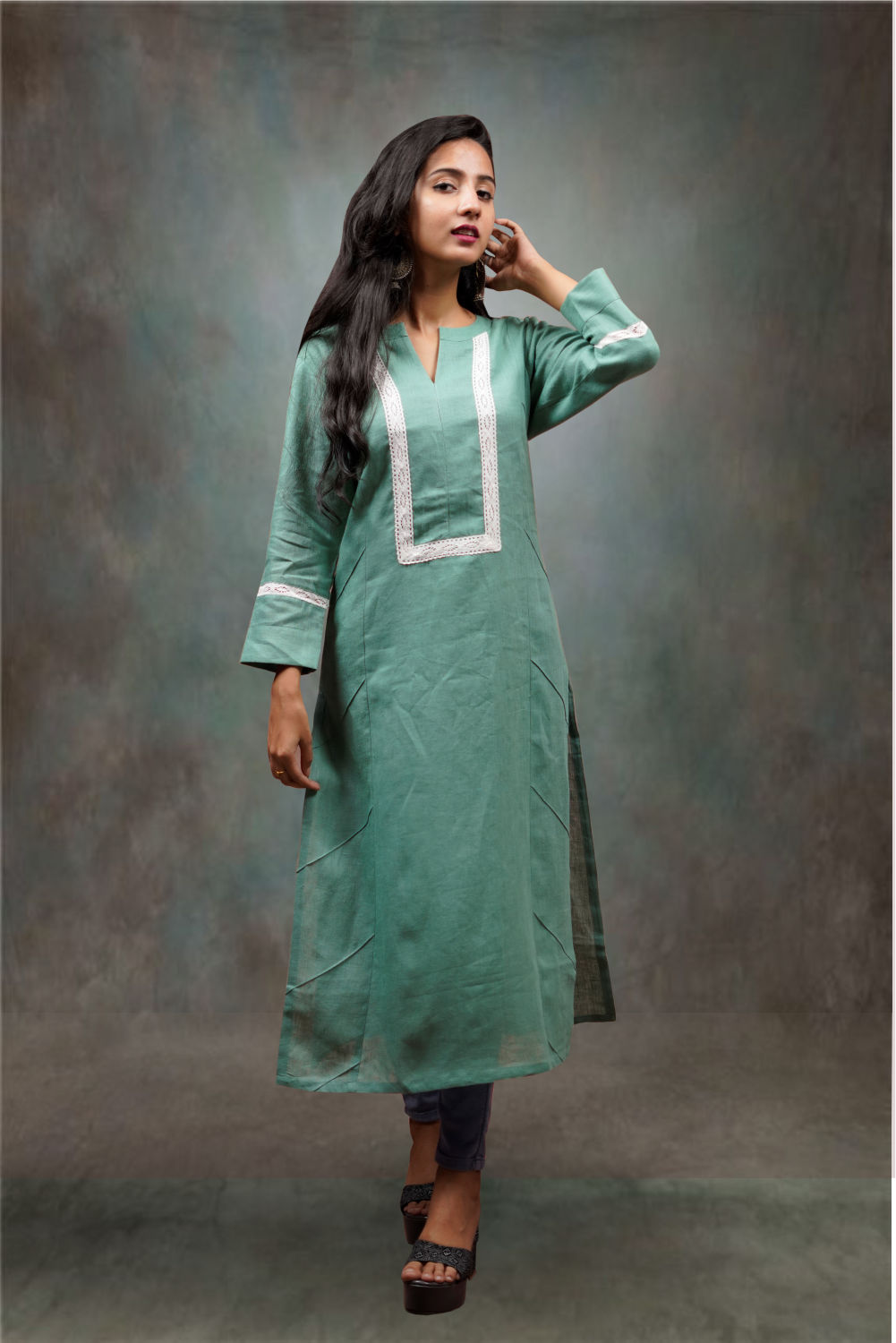 Green Linen Thread Lace Embroidered Straight Cut  Kurtie