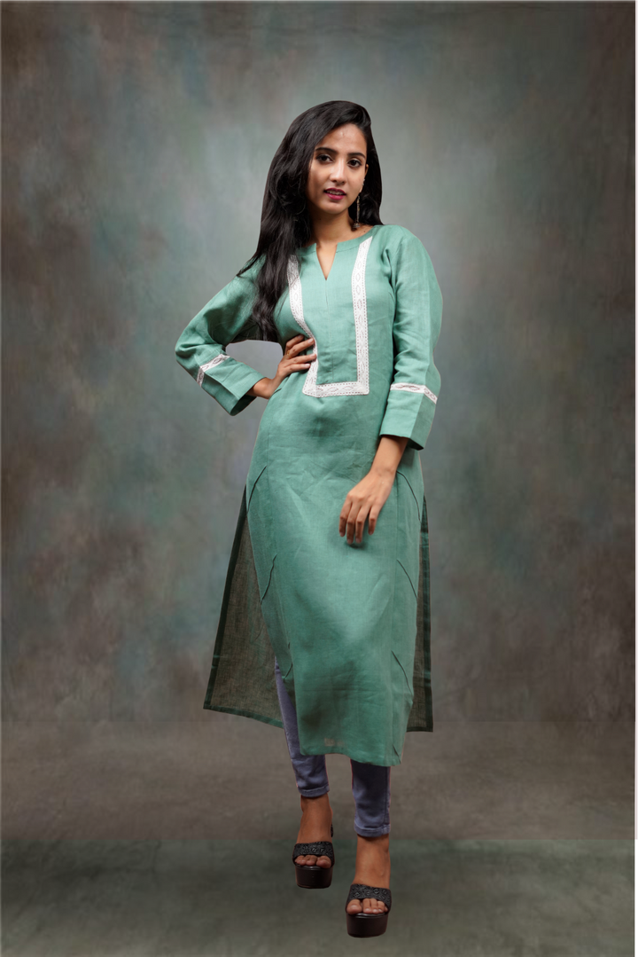 Green Linen Thread Lace Embroidered Straight Cut  Kurtie