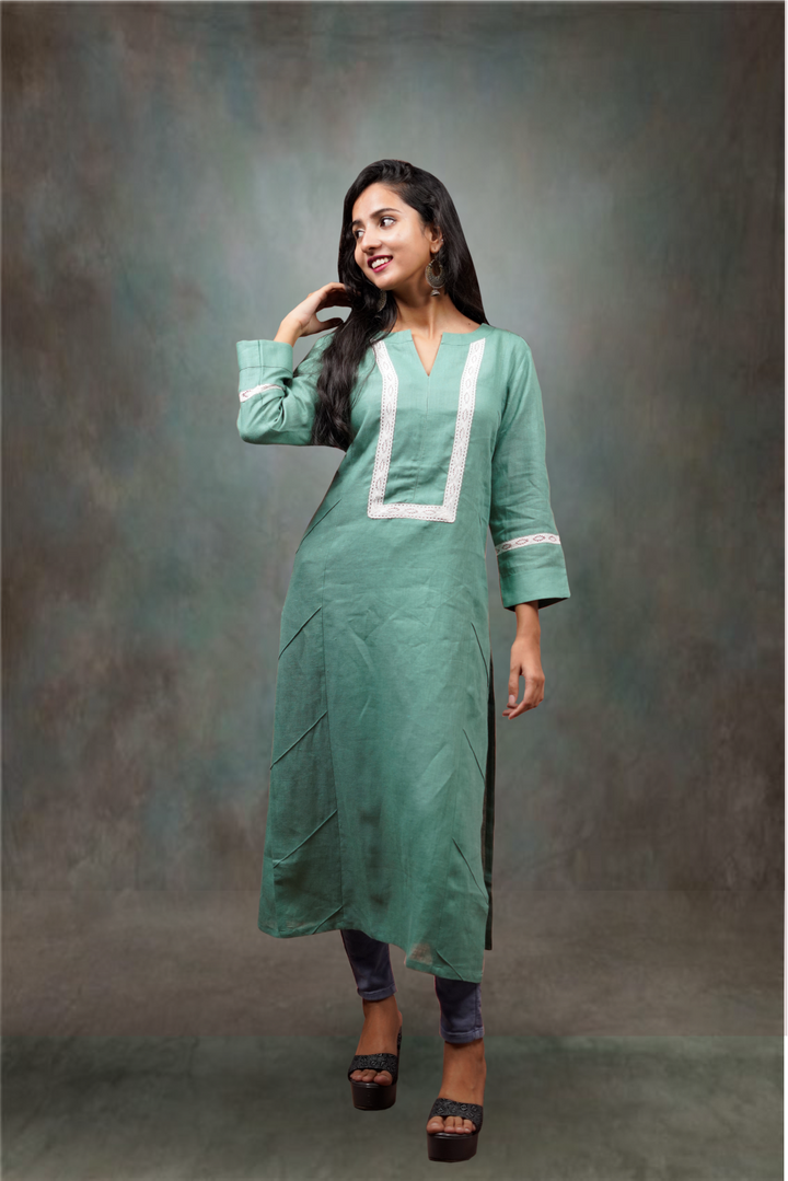 Green Linen Thread Lace Embroidered Straight Cut  Kurtie