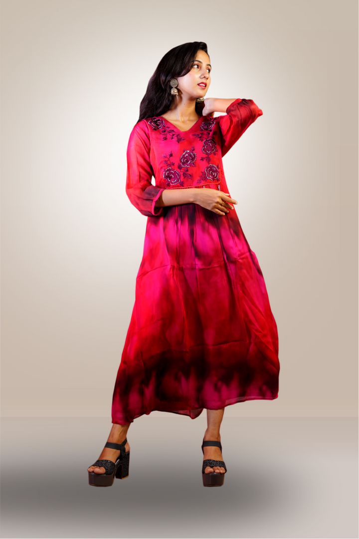 Dark Red Color Silk Beads Embroidery Worked Gown