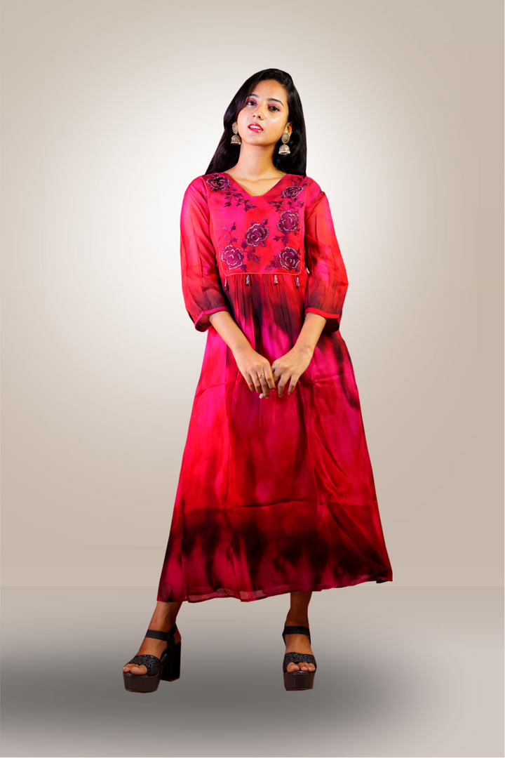 Dark Red Color Silk Beads Embroidery Worked Gown