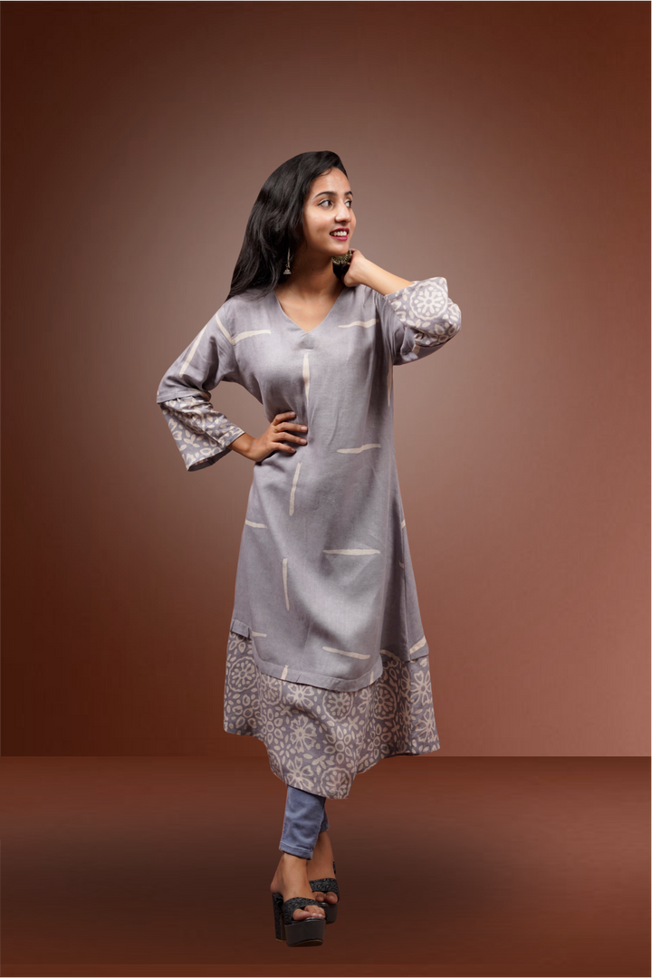 Dove Grey Color Linen Floral Printed Kurtie